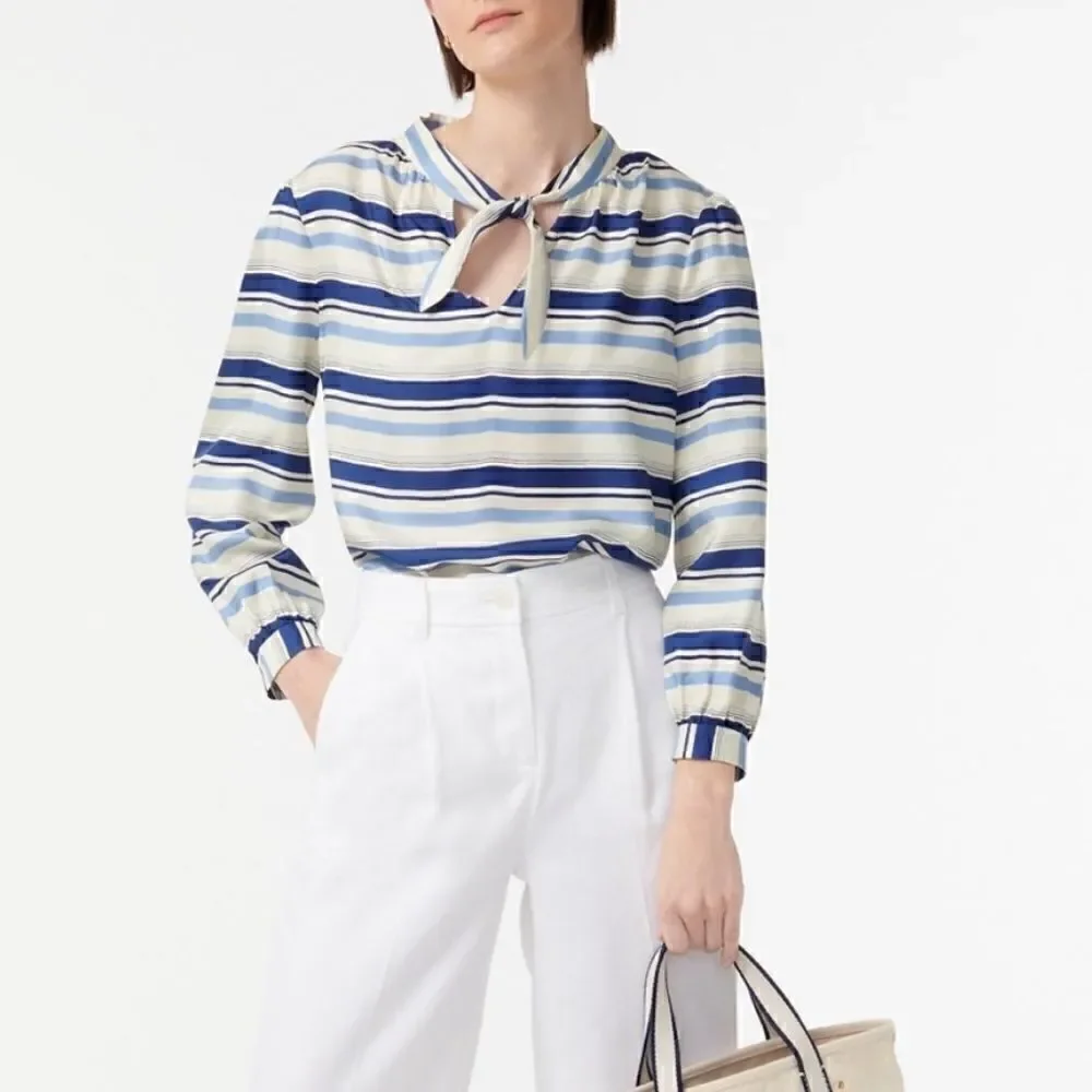 J. Crew collection 100% silk twill stripe tie neck blouse top shirt